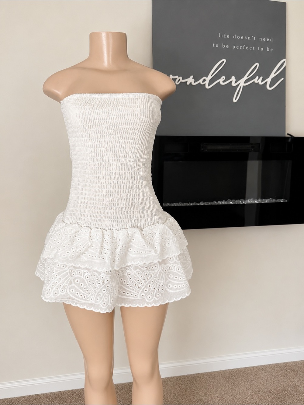 Strapless White Smocked Eyelet Ruffle Mini Dress